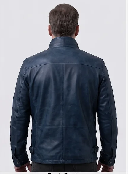 The Accountant 2 Christian Wolff Navy Blue Leather Field Jacket - Image 3