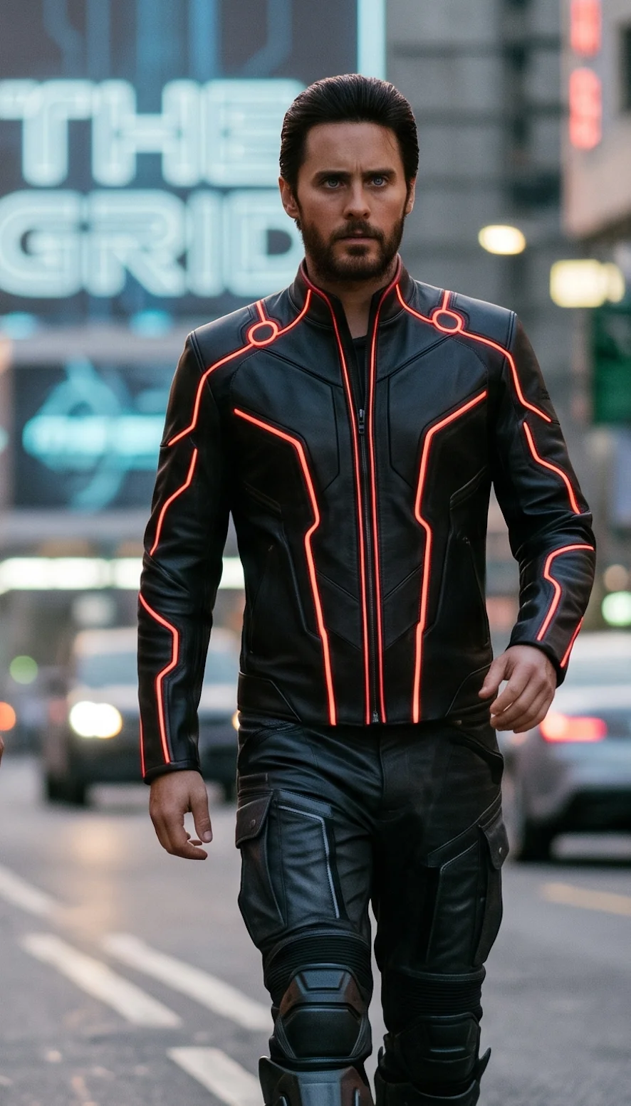 The "Tron Ares" Cyber-Tactical Leather Jacket