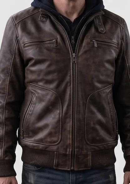 Nobody 2 Hutch Mansell Distressed Brown Leather Bomber Jacket