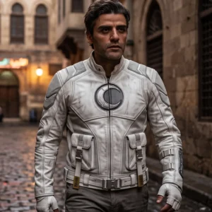 Moon Knight White Genuine Leather Jacket with Crescent Moon Emblem