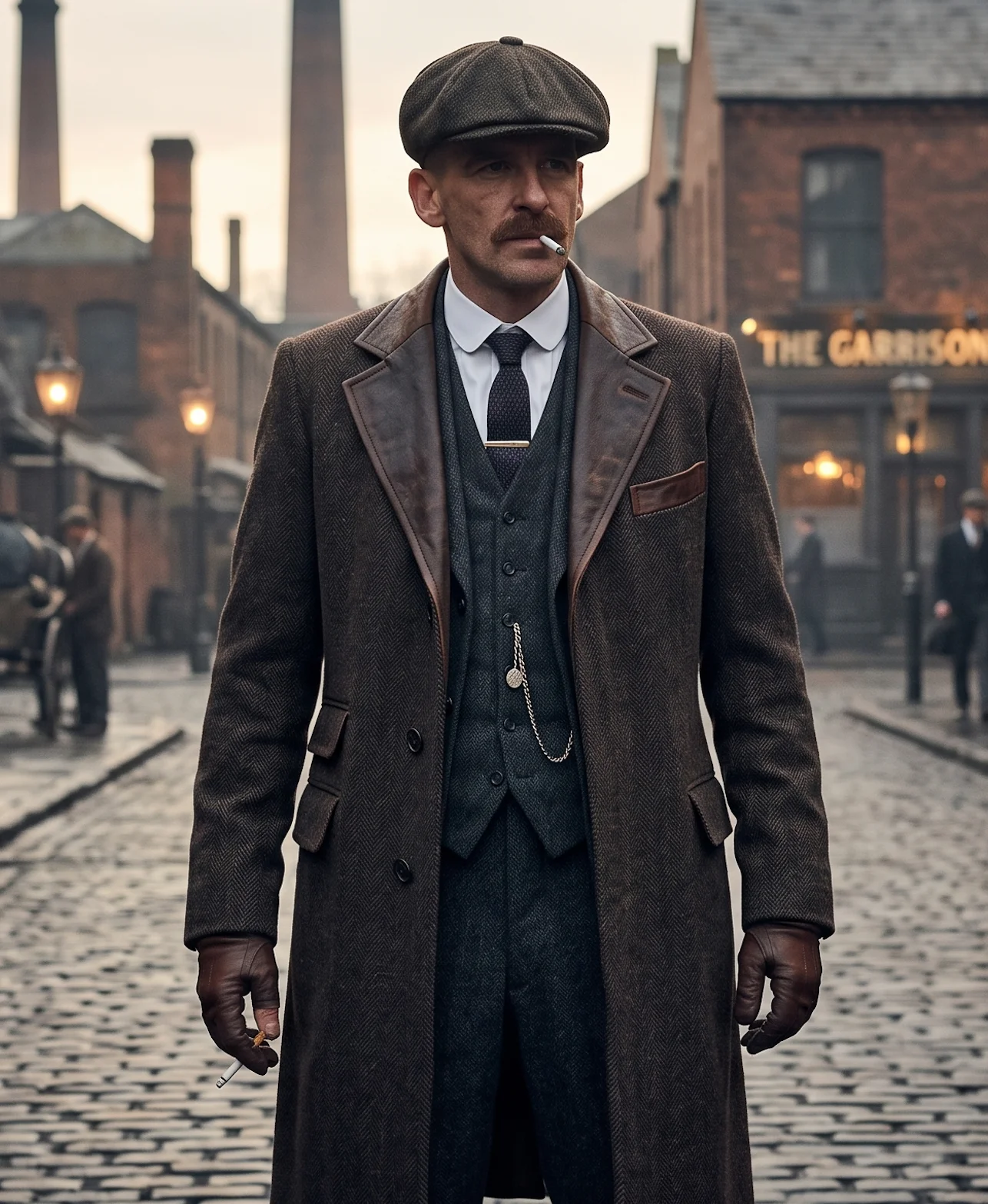 Arthur Shelby Trench Coat – Brown Herringbone & Leather Peaky Blinders Style