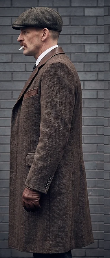 Arthur Shelby Trench Coat – Brown Herringbone & Leather Peaky Blinders Style - Image 2