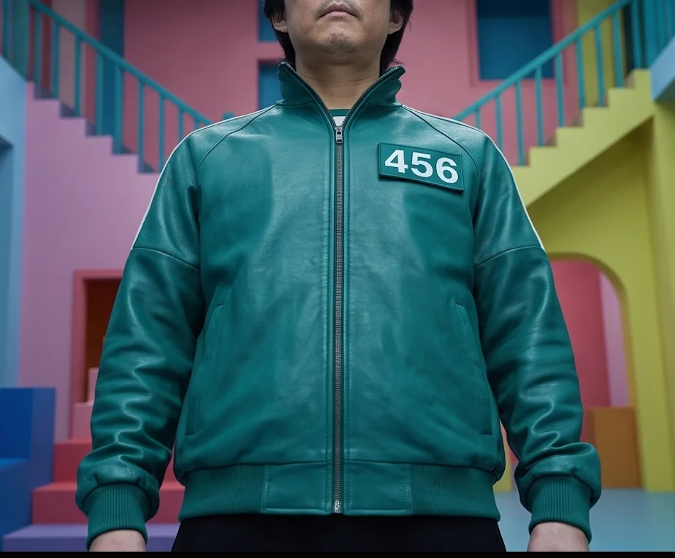 Squid Game Seong Gi-Hun 456 Green Leather Jacket - Image 4