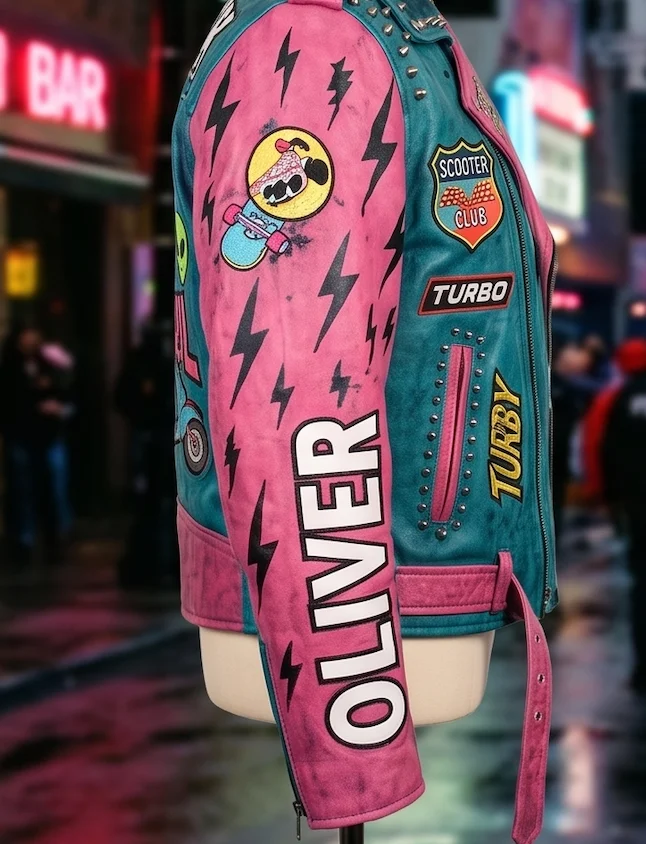 Oliver Tree Scooter Club Pink & Teal Leather Biker Jacket - Image 5