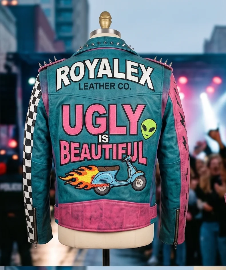 Oliver Tree Scooter Club Pink & Teal Leather Biker Jacket - Image 3