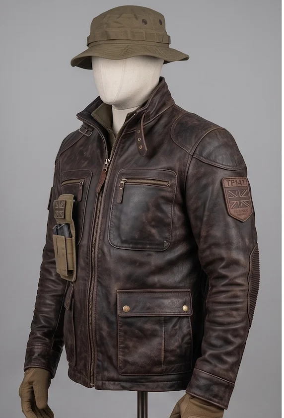 Captain Price Task Force 141 Men’s Distressed Brown Leather Tactical Field Jacket - Image 6