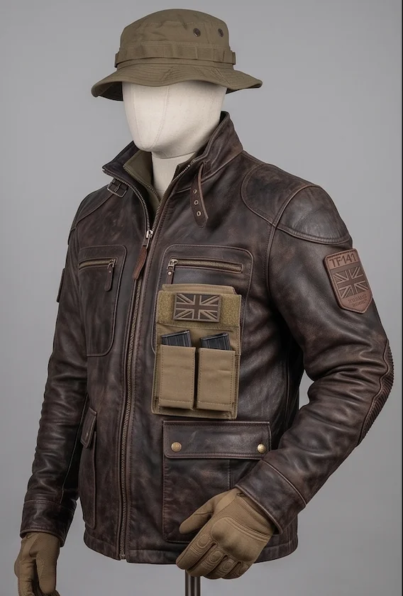 Captain Price Task Force 141 Men’s Distressed Brown Leather Tactical Field Jacket - Image 5