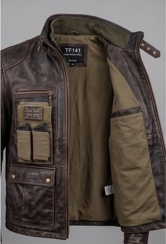 Captain Price Task Force 141 Men’s Distressed Brown Leather Tactical Field Jacket - Image 4