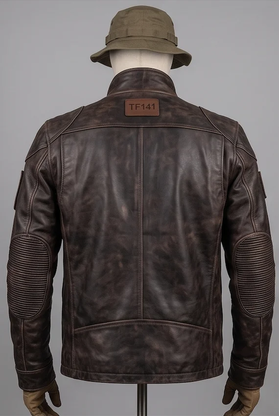 Captain Price Task Force 141 Men’s Distressed Brown Leather Tactical Field Jacket - Image 3