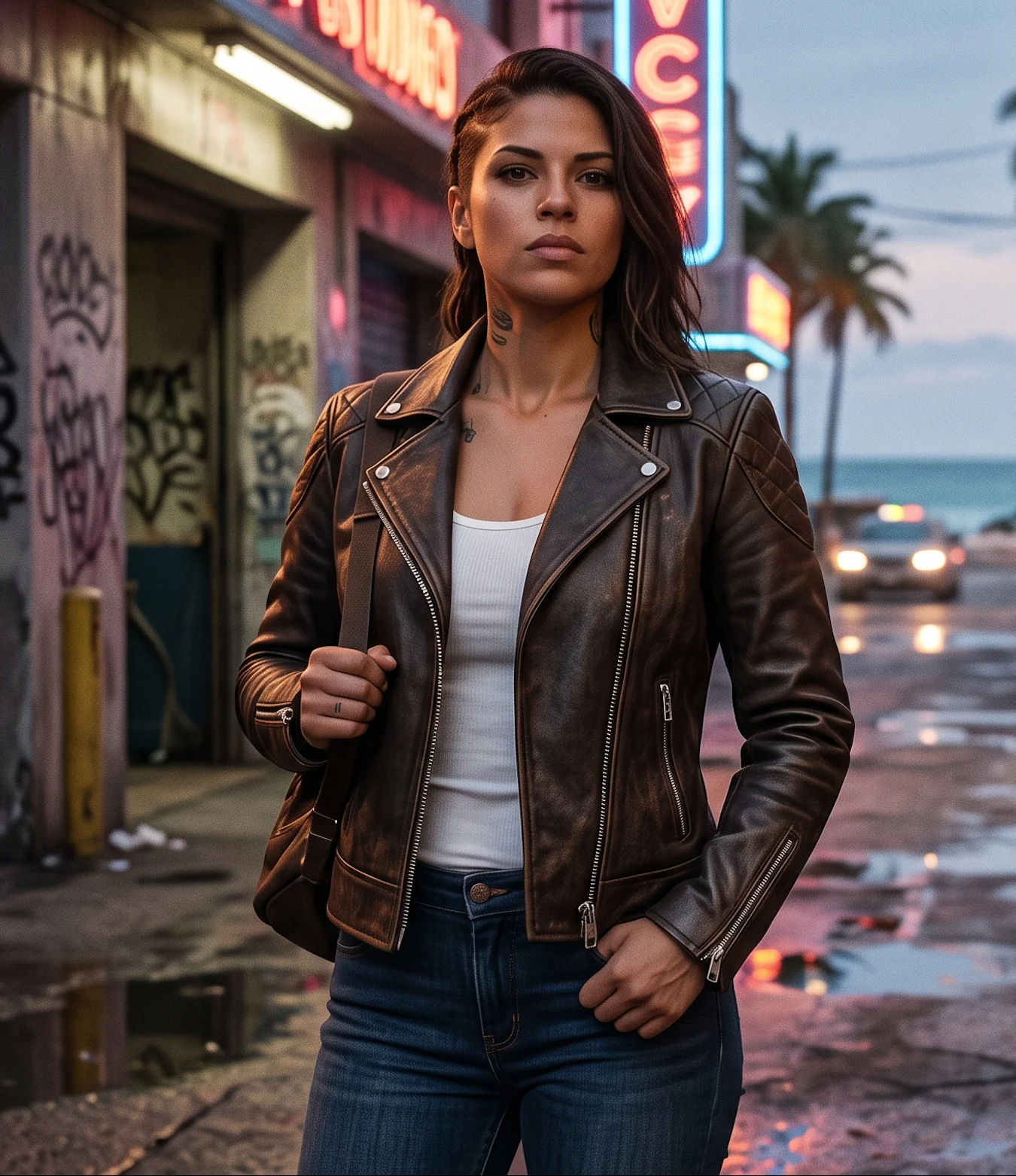 GTA VI Lucia Distressed Brown Leather Biker Jacket – Women's Vintage Real Leather Motorcycle Jacket