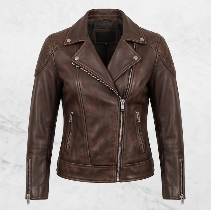 GTA VI Lucia Distressed Brown Leather Biker Jacket – Women's Vintage Real Leather Motorcycle Jacket - Image 7