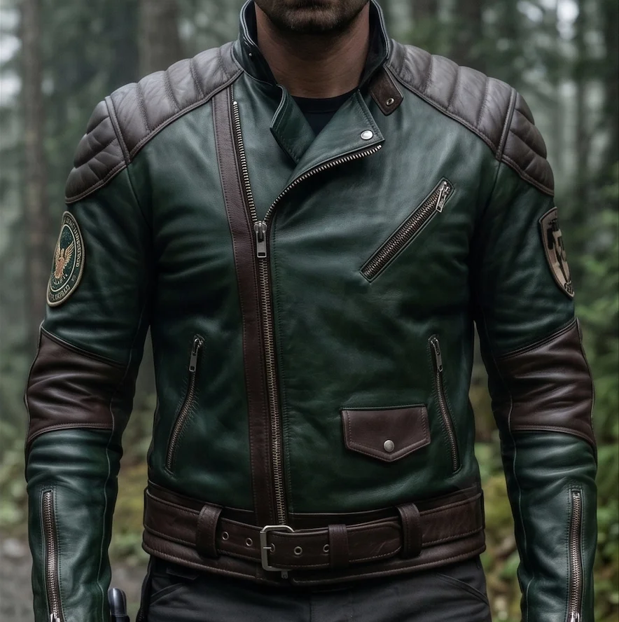 Tactical Operative Forest Green & Brown Leather Jacket - Image 2