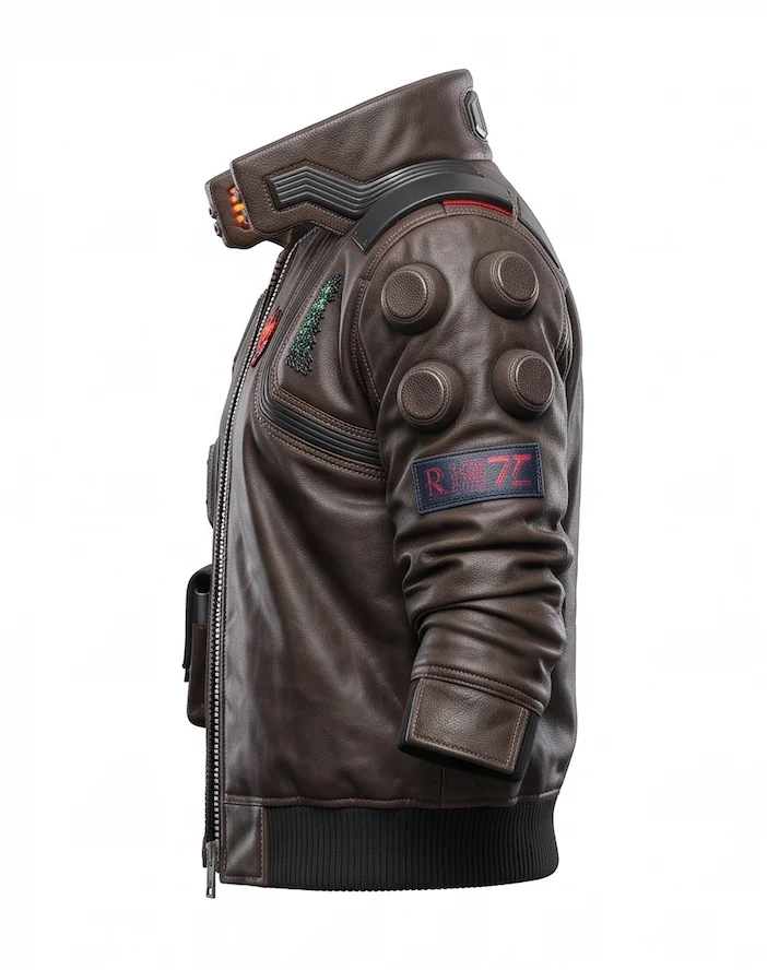 V Cyberpunk 2077 Real Leather Jacket – Brown Bomber Jacket with Samurai Back Logo - Image 4