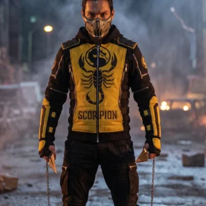 Mortal Kombat Scorpion Zip-Up Hoodie – Men’s Tactical Streetwear Jacket with Arm Armor & Dragon Logo