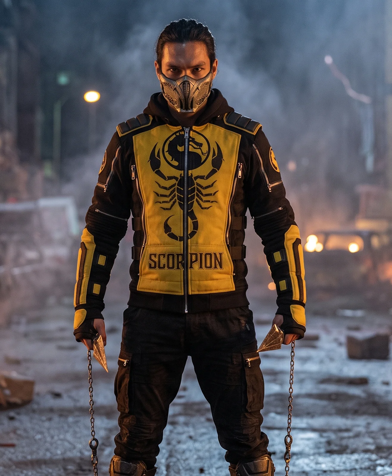 Mortal Kombat Scorpion Zip-Up Hoodie – Men’s Tactical Streetwear Jacket with Arm Armor & Dragon Logo