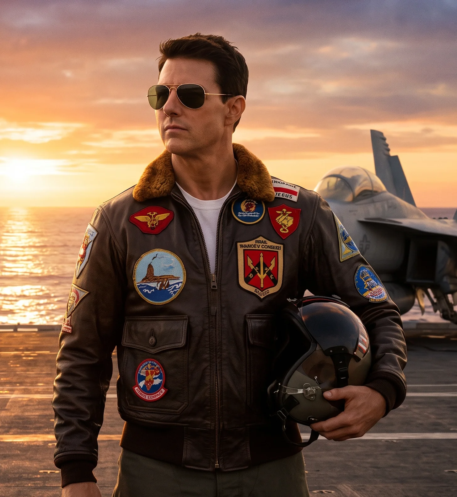Men’s Top Gun Maverick Dark Brown Leather Bomber Jacket with Patches