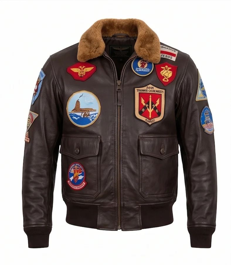 Men’s Top Gun Maverick Dark Brown Leather Bomber Jacket with Patches - Image 2