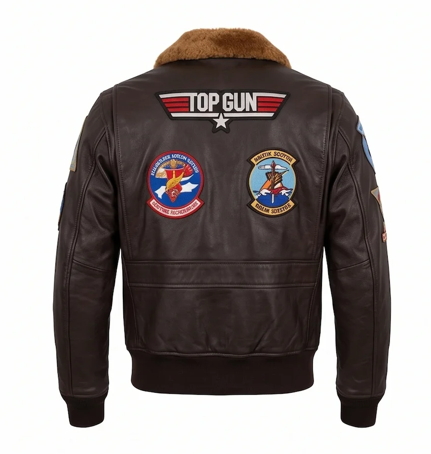 Men’s Top Gun Maverick Dark Brown Leather Bomber Jacket with Patches - Image 6