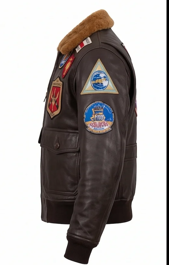 Men’s Top Gun Maverick Dark Brown Leather Bomber Jacket with Patches - Image 3