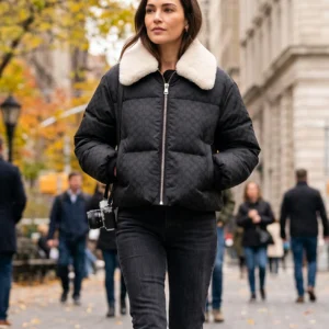 Women’s Black Monogram Puffer Jacket with Cream Shearling Collar