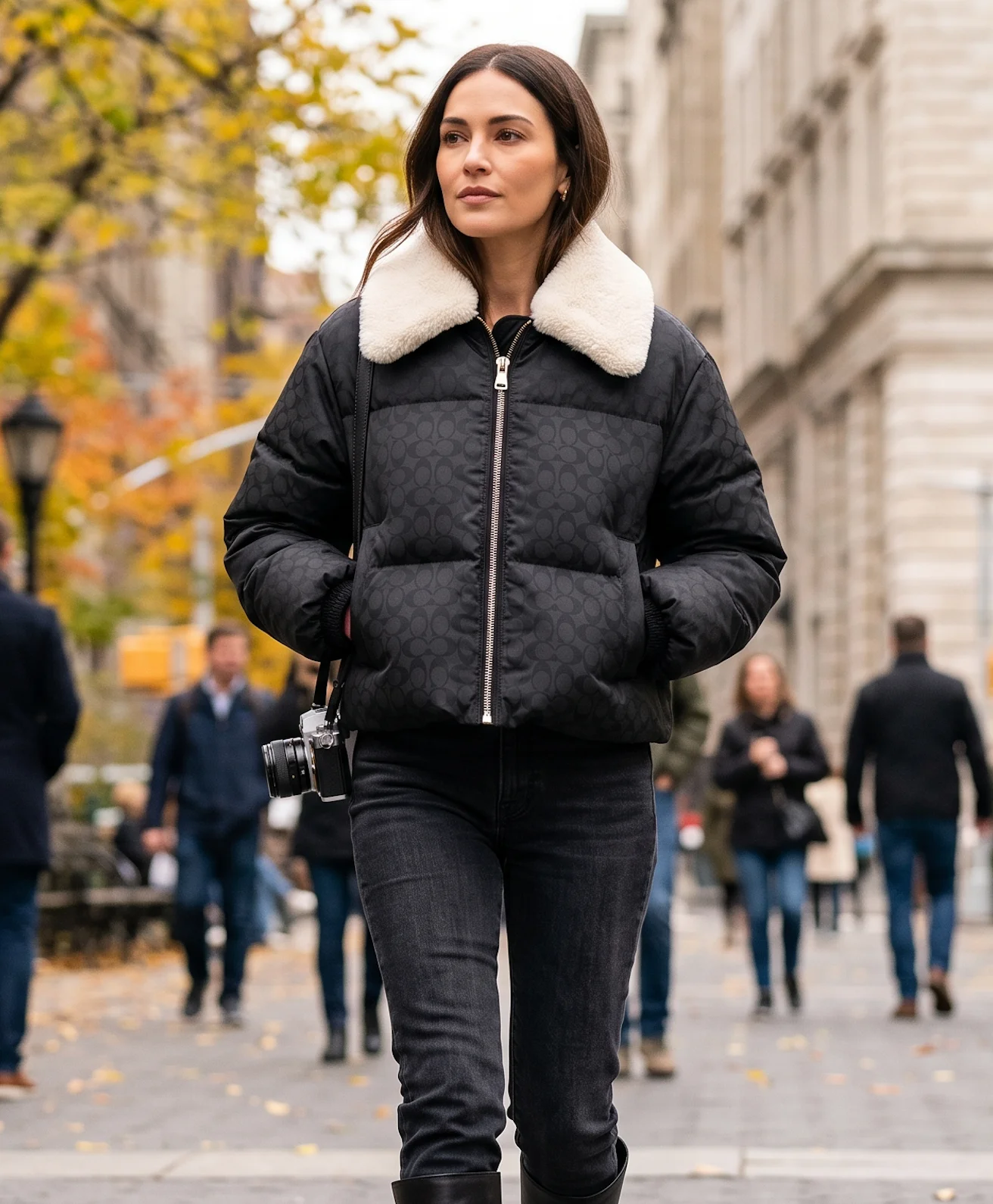 Women’s Black Monogram Puffer Jacket with Cream Shearling Collar