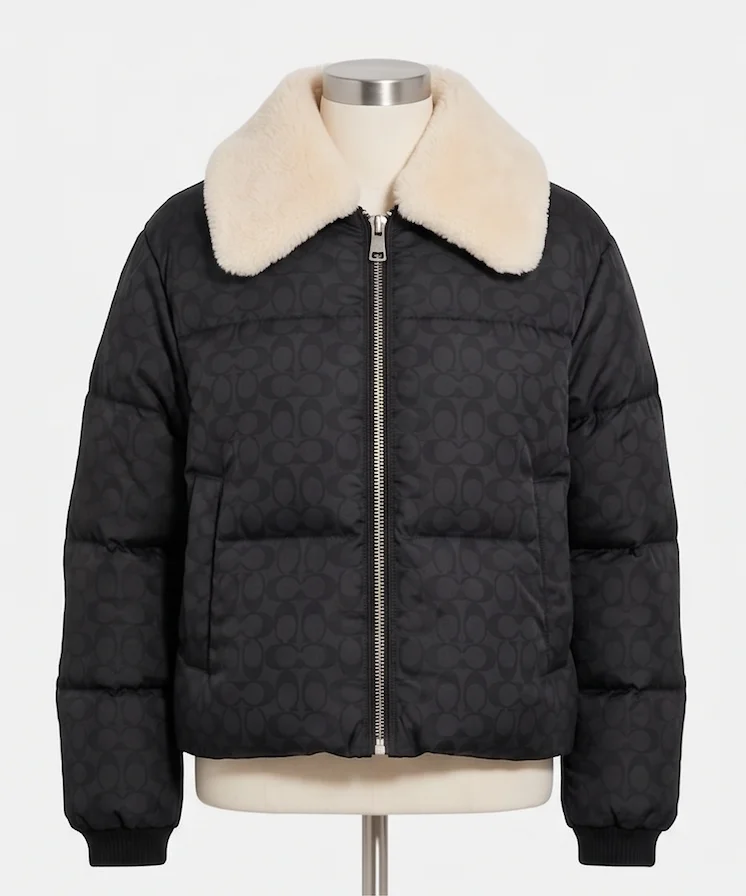 Women’s Black Monogram Puffer Jacket with Cream Shearling Collar - Image 2