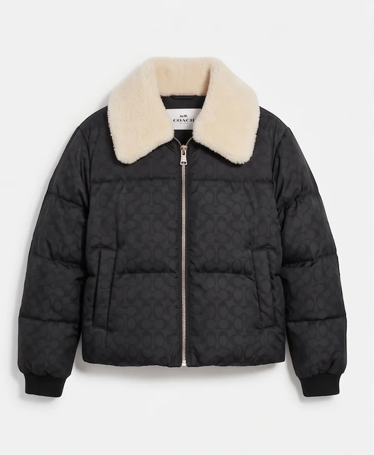 Women’s Black Monogram Puffer Jacket with Cream Shearling Collar - Image 6