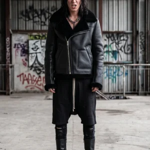 Men’s Heavyweight Shearling Leather Biker Jacket in Black