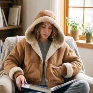 Women’s Faux Shearling Hooded Bomber Jacket – Faux Fur Lined Tan Suede Coat