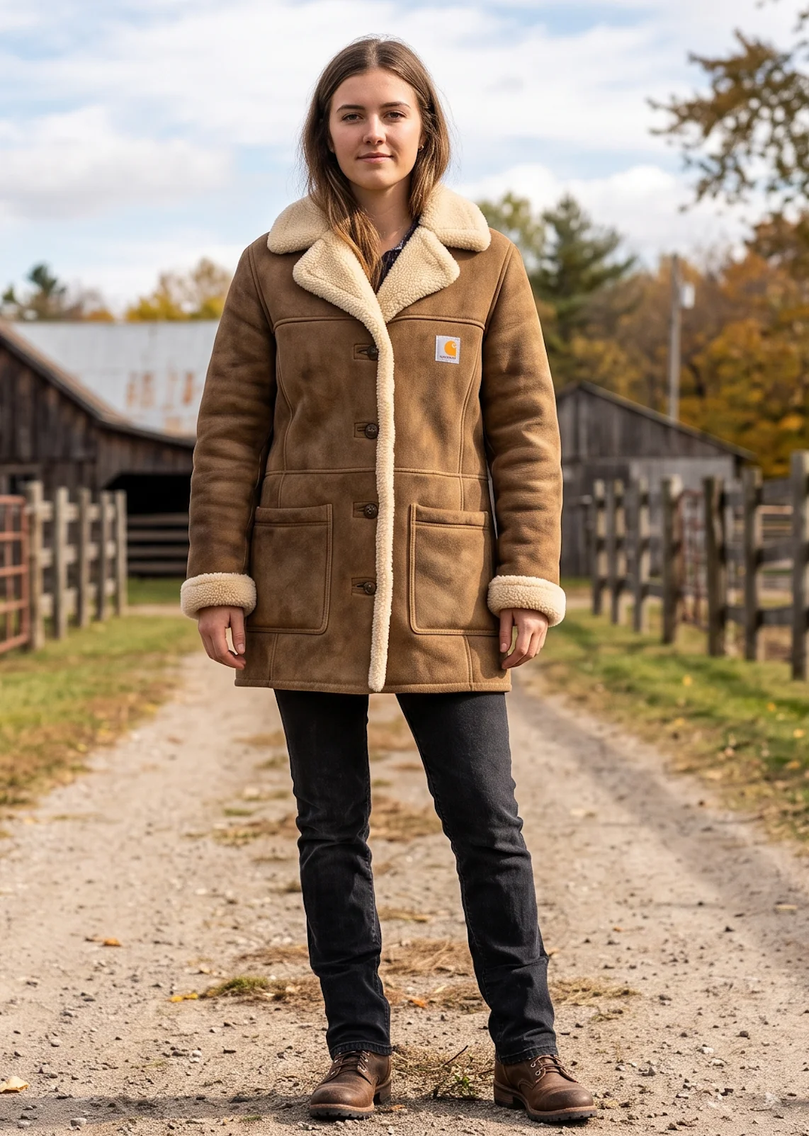 Women’s Vintage Brown Suede Shearling Coat – Mid-Length Leather Jacket