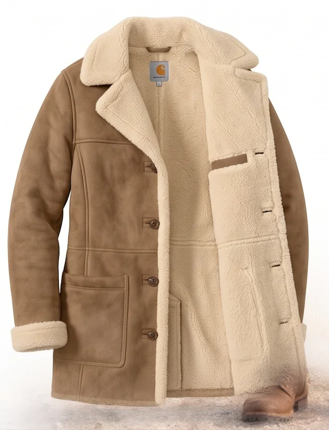 Women’s Vintage Brown Suede Shearling Coat – Mid-Length Leather Jacket - Image 5