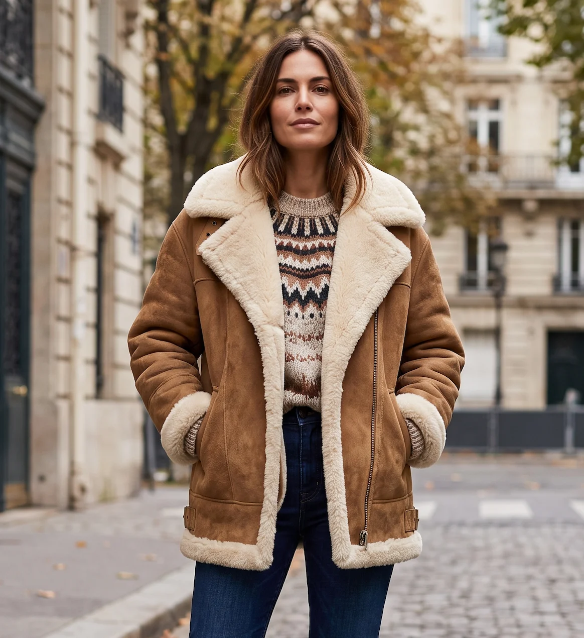 Women’s Caramel Suede Shearling Aviator Jacket