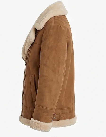 Women’s Caramel Suede Shearling Aviator Jacket - Image 2
