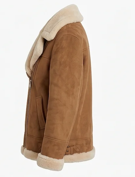 Women’s Caramel Suede Shearling Aviator Jacket - Image 6