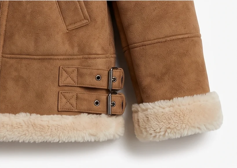 Women’s Caramel Suede Shearling Aviator Jacket - Image 4