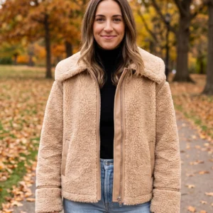 Wesson Women's Faux Shearling Jacket – Oversized Camel Teddy Coat with Leather Trim