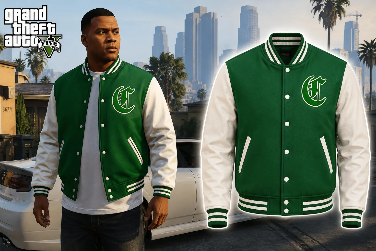 GTA 5 Green and White Varsity Jacket for Franklin