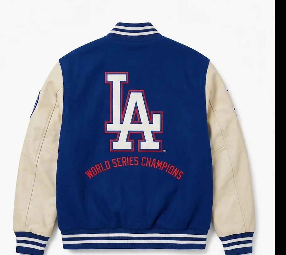 Men’s LA Dodgers Classic Varsity Jacket – Blue Wool & Real Leather Sleeves - Image 3