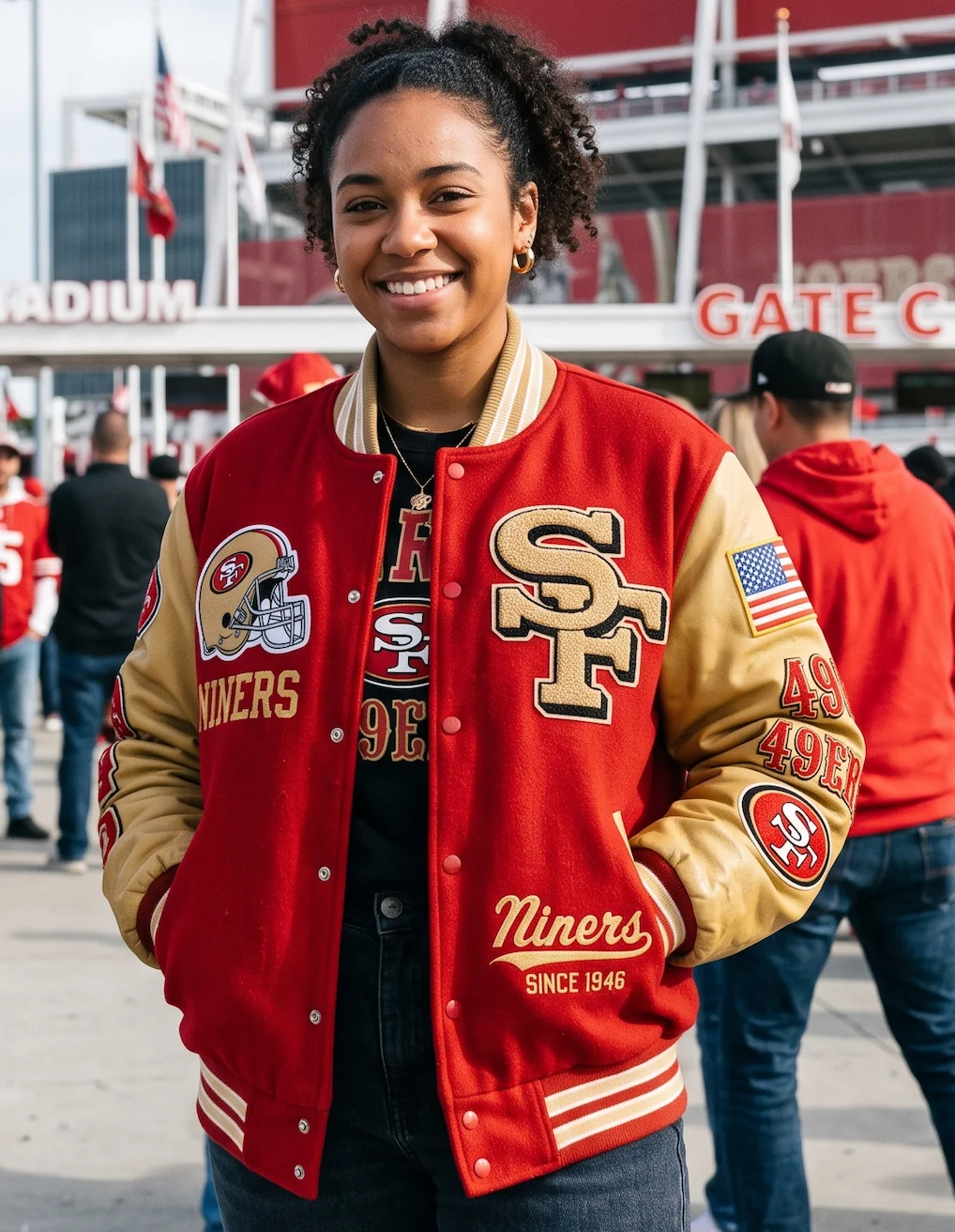 SF 49ers Vintage Varsity Leather Jacket | Red Wool & Gold Leather Bomber