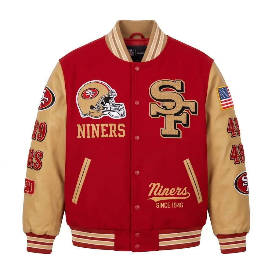 SF 49ers Vintage Varsity Leather Jacket | Red Wool & Gold Leather Bomber - Image 2