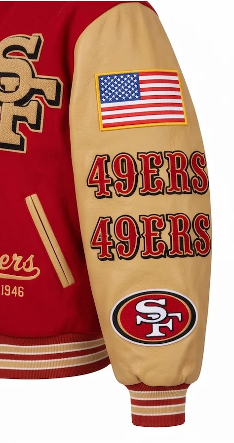 SF 49ers Vintage Varsity Leather Jacket | Red Wool & Gold Leather Bomber - Image 6