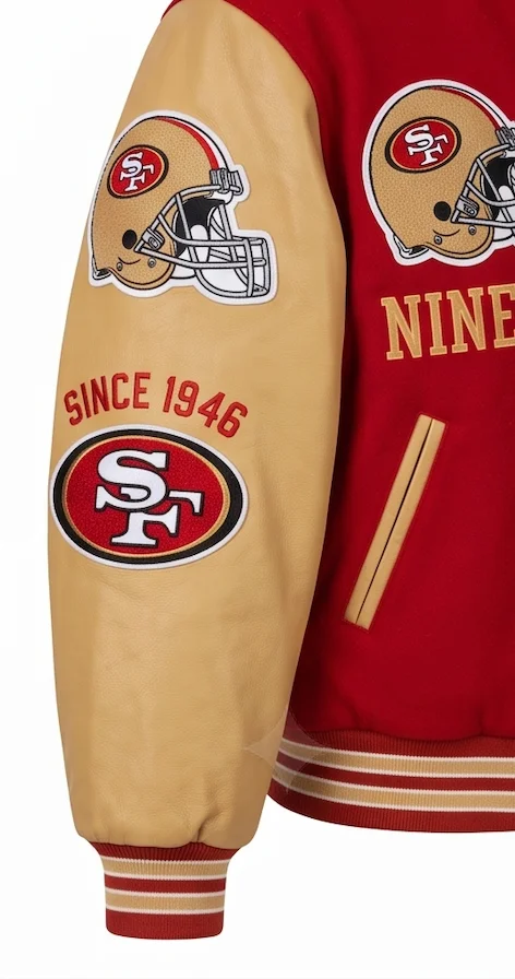 SF 49ers Vintage Varsity Leather Jacket | Red Wool & Gold Leather Bomber - Image 5