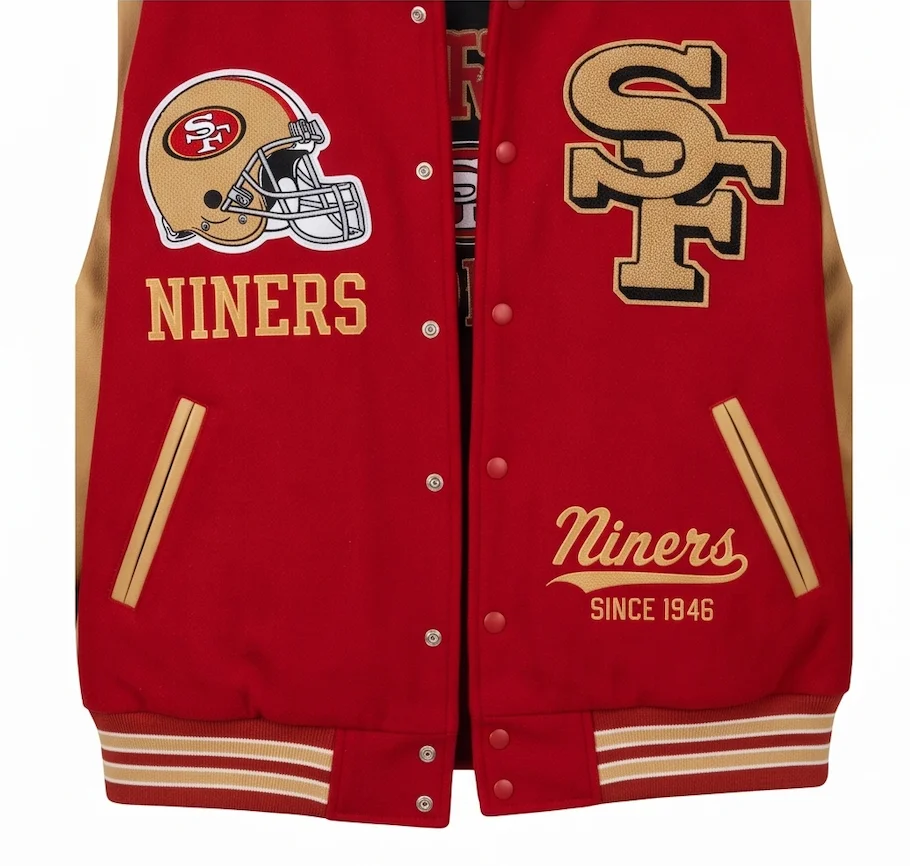 SF 49ers Vintage Varsity Leather Jacket | Red Wool & Gold Leather Bomber - Image 4