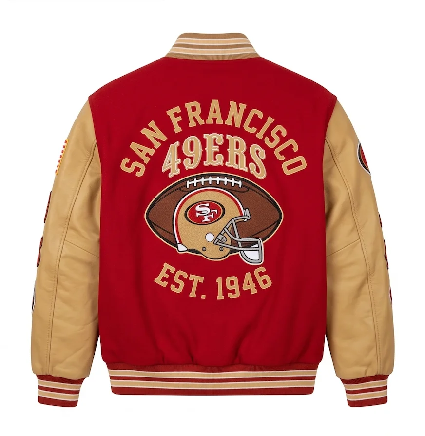 SF 49ers Vintage Varsity Leather Jacket | Red Wool & Gold Leather Bomber - Image 3
