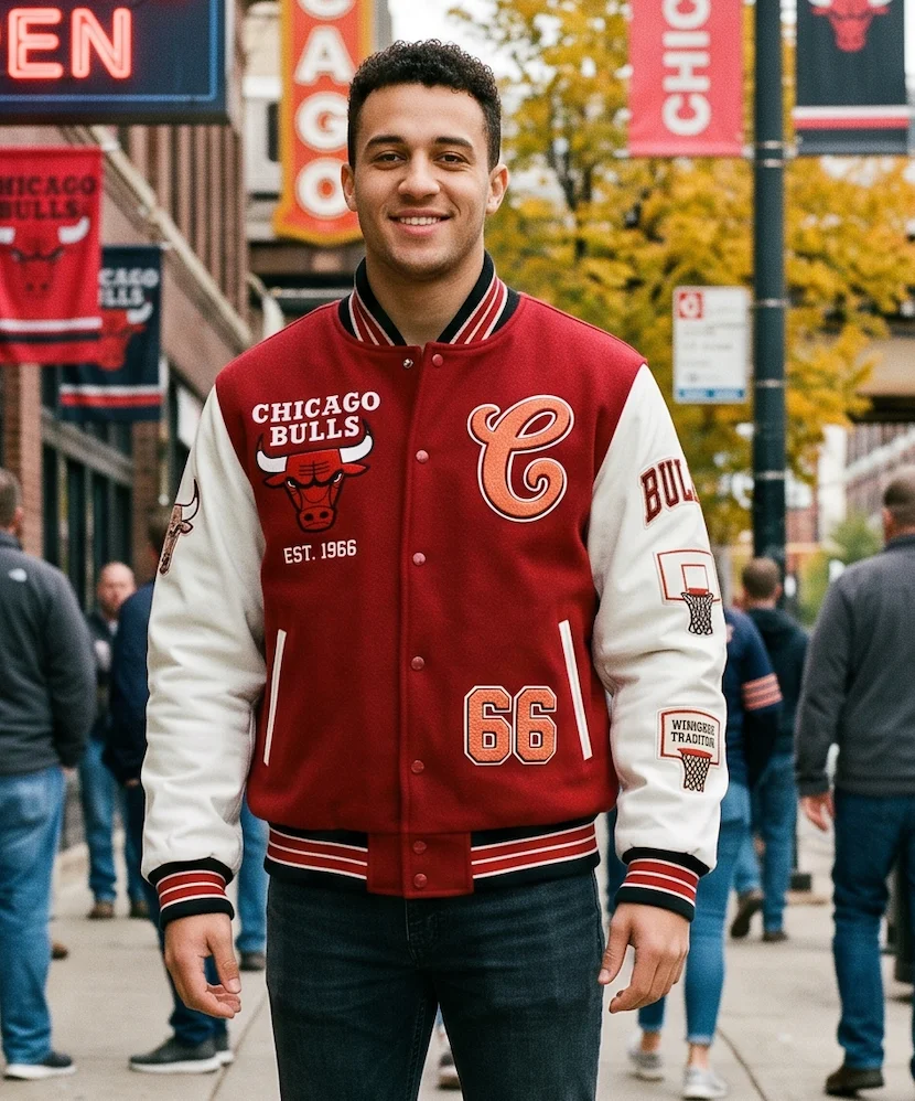 Chicago Bulls Classic Varsity Jacket – Red Wool & Genuine Leather Sleeves