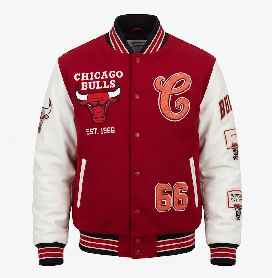 Chicago Bulls Classic Varsity Jacket – Red Wool & Genuine Leather Sleeves - Image 2