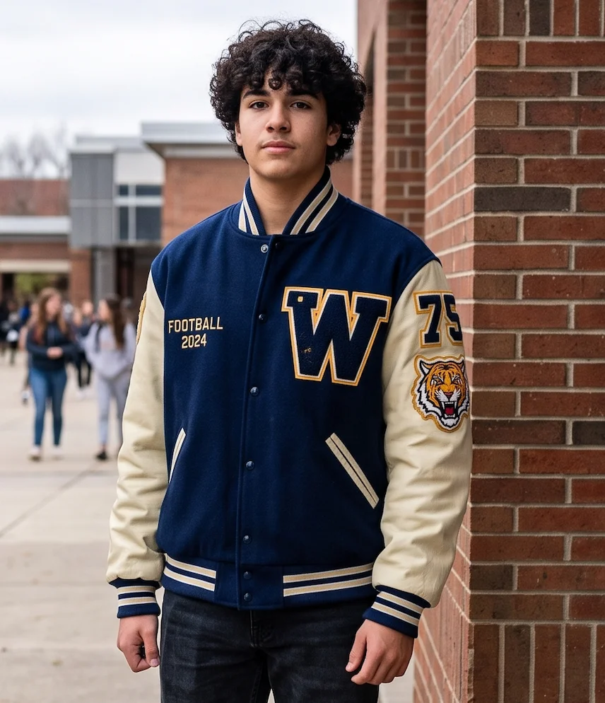Men's Warriors Tigers High School Varsity Jacket – Navy Blue Wool & Leather