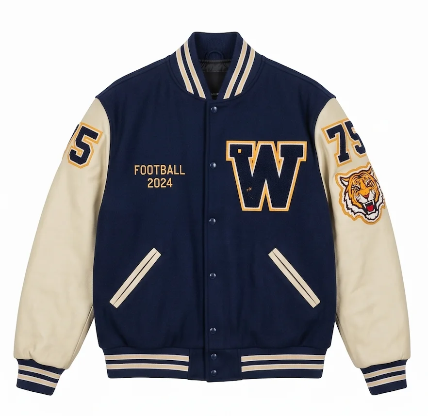 Men's Warriors Tigers High School Varsity Jacket – Navy Blue Wool & Leather - Image 3