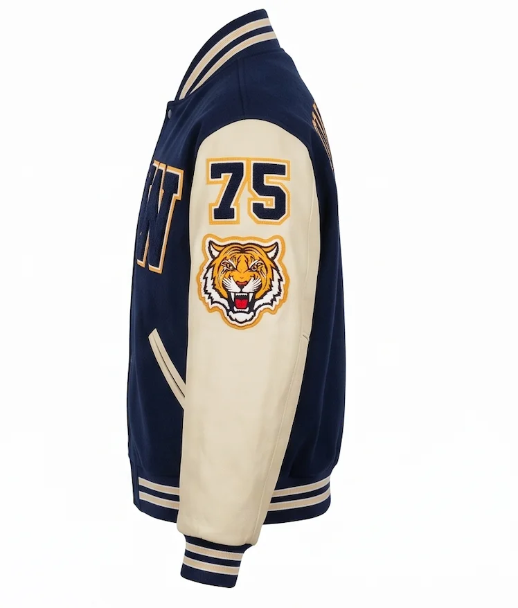 Men's Warriors Tigers High School Varsity Jacket – Navy Blue Wool & Leather - Image 6