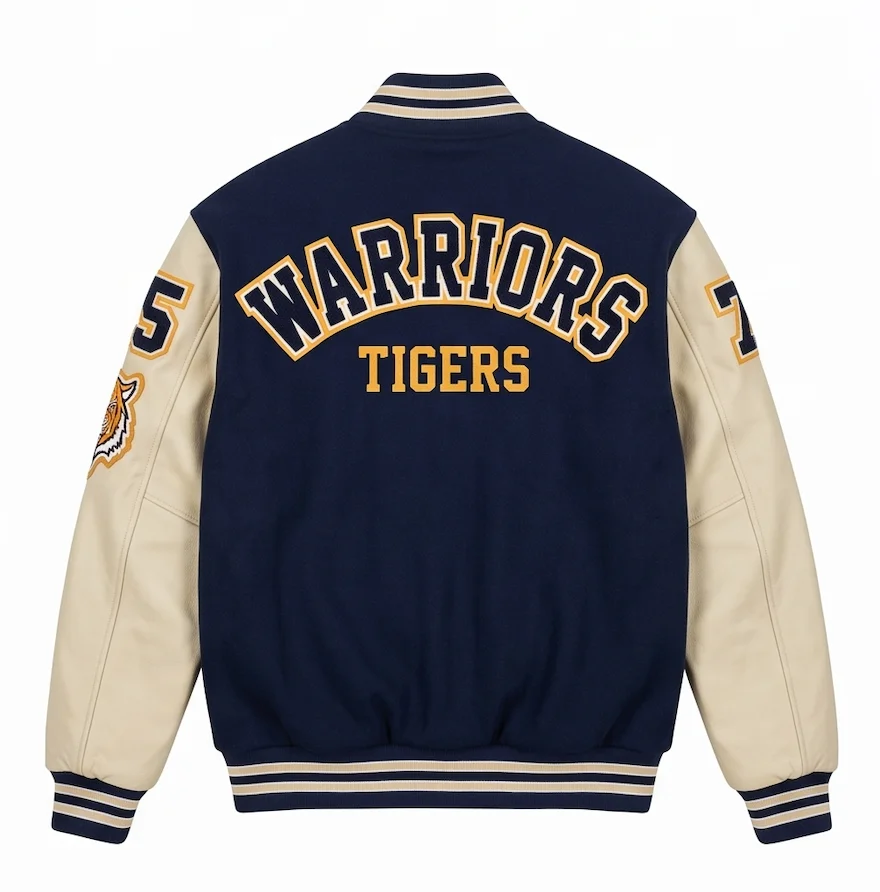 Men's Warriors Tigers High School Varsity Jacket – Navy Blue Wool & Leather - Image 4